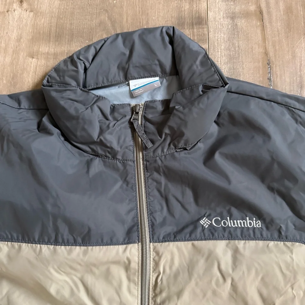 Columbia Packable Jacket Men‎ Large Tan Gray Lightweight Windbreaker Hood Coat